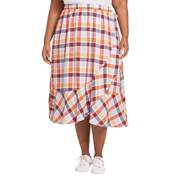 Lane Bryant Linen Faux-Wrap Ruffle A-Line Skirt Soirée Plaid Women’s Size 22 24 - Picture 1 of 11